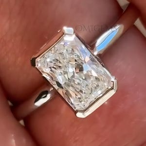Half Bezel Set 4 CT Radiant Cut Moissanite Diamond Engagement Ring, 14K/18K Solid Gold Unique Radiant Cut Ring, Anniversary Gift for Wife