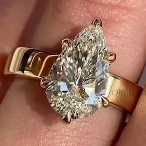 3.50 CT Pear Cut Moissanite Diamond Engagement Ring, 14K/18K Solid Gold Unique Pear Cut Ring, Flat Wide band Ring, Anniversary Gift for Wife
