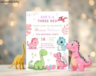 Invito di compleanno modificabile a tema dinosauro, festa per bambine a tema dinosauro (modello Canva)