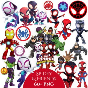 May include: A collection of cartoon character PNG images from the Marvel Spidey and His Amazing Friends series. The images include Spider-Man, Iron Man, Hulk, and other characters, along with spider web and logo designs. The text "Spidey & Friends" and "60+ PNG" are also included.