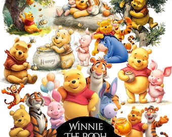 Pacchetto di clipart PNG di Winnie the Pooh, Winnie the Pooh ad acquerello in formato PNG, Winnie the Pooh, inviti di compleanno di Winnie the Pooh, tema Orsetto di Miele