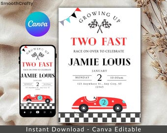 Invito di compleanno Two Fast, tema auto da corsa (modello modificabile stampabile)