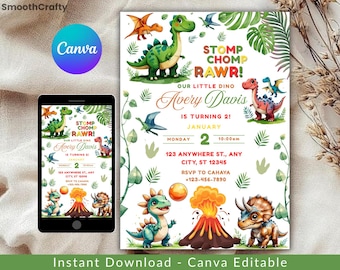 Invito di compleanno a tema dinosauro, modello Canva modificabile (download digitale)