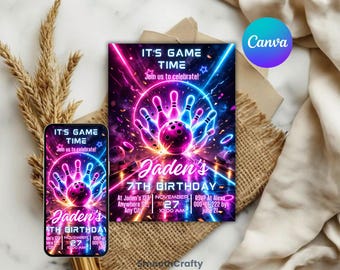 Invito di compleanno a tema bowling, invito a tema bowling al neon, iniziamo a divertirci, festa di compleanno a tema bowling per ragazze, festa a tema bowling rosa, modello Canva