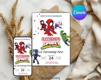 Invito di compleanno di Spidey e i suoi amici, modello Canva modificabile (download digitale)