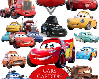 Pacchetto di clipart PNG di Cars, Saetta McQueen e Cricchetto, clipart PNG di personaggi di Cars, maglietta, decorazione per torta, compleanno, sublimazione di Cars