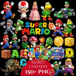 May include: A collection of Super Mario characters and elements, including Mario, Luigi, Princess Peach, and Yoshi, with the text "SUPER MARIO" and "MARIO CARTOON 150+ PNG" on a black background. Includes a gold coin, question mark box, and a green kart.