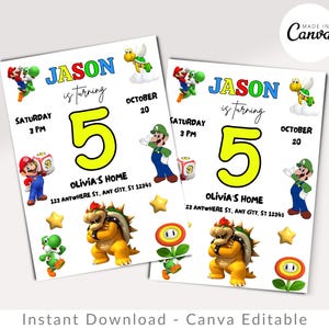 Super Mario Bros Invite, Mario Bros Birthday Invitation, Kids Invite Mario Bros invitation template digitally editable in Canva, Mario Party