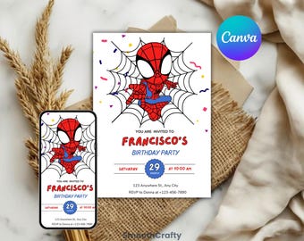 Invito di compleanno di Spider-Man, invito modificabile per la festa di Spiderman (download Canva)