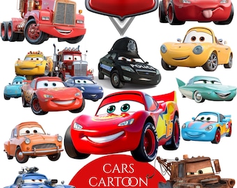 Pacchetto di clipart PNG di Cars, Saetta McQueen e Cricchetto, clipart PNG di personaggi di Cars, maglietta, decorazione per torta, compleanno, sublimazione di Cars