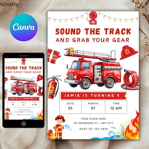 Editable Firetruck Invitation, Fire Truck Birthday Invitation Template, Firetruck Invitation, Firefighter Invites, Canva Editable Template