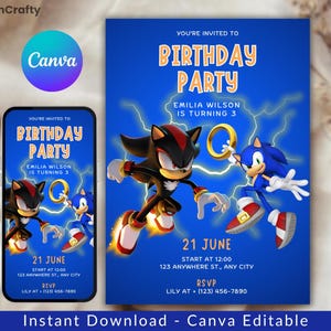 Sonic Birthday Invitation Super Hedgehog Boys Party Invite, Super Sonic 3 Party Invitation Canva Editable Sonic the Hedgehog Invite Template