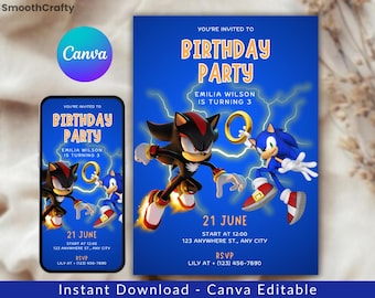 Invito di compleanno di Sonic, festa di Super Hedgehog, modello Canva modificabile