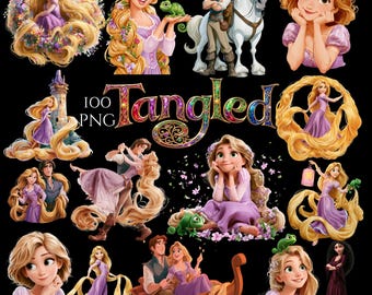 Rapunzel PNG, Tangled PNG, Tangled Rapunzel Clipart Bundle, Long Hair Princess PNG, Tower, Chameleon, Horse, Magic Sun, Fairytale Princess