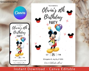 Invito di compleanno di Topolino modificabile, invito elettronico di compleanno per bambini e bambine, invito elettronico di Topolino carino, invito di compleanno di Topolino, festa di compleanno su Canva