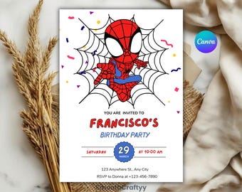 Invito di compleanno modificabile per Spidey e i suoi fantastici amici, invito di Spiderman, invito di compleanno a tema supereroi (modello Canva)