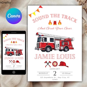Firetruck Invitation, Fire Truck Birthday Invitation Template, Firetruck Invitation, Firefighter Invites, Canva Editable Template