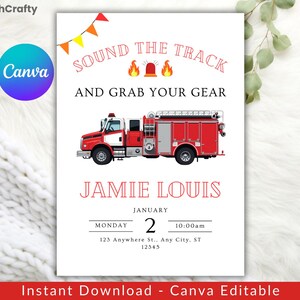 Editable Firetruck Invitation, Fire Truck Birthday Invitation Template, Firetruck Invitation, Firefighter Invites, Canva Editable Template