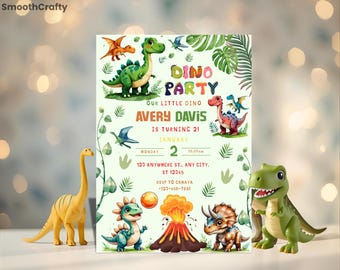 Invito di compleanno modificabile a tema dinosauro, invito per due Rex (modello Canva)