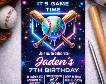 Invito di compleanno con gelato a goccia da baseball, invito da baseball, festa al neon da baseball, invito a goccia da baseball, invito a goccia, modificabile solo su Canva