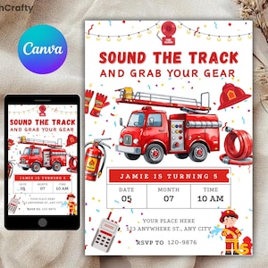 Editable Firetruck Invitation, Fire Truck Birthday Invitation Template, Firetruck Invitation, Firefighter Invites, Canva Editable Template