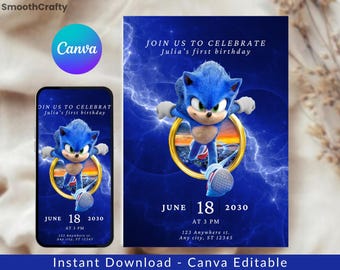 Invito di compleanno di Sonic, festa di Super Hedgehog (modificabile con Canva)