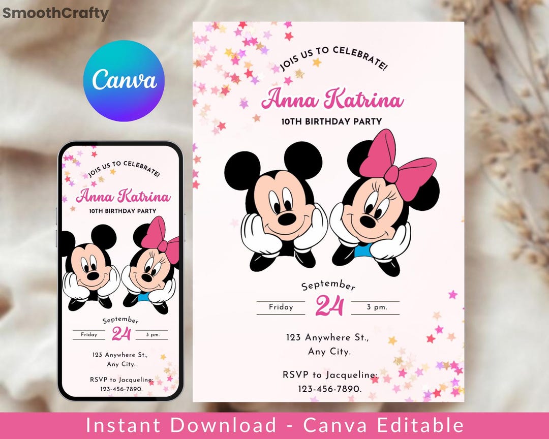 Editable Mickey Mouse Birthday E-invite, Canva Party Invitation - Etsy