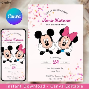 May include: A birthday party invitation featuring Mickey and Minnie Mouse. The invitation includes the text "Anna Katrina 10th Birthday Party" with the date September 24th. The design is available as an instant download and is Canva editable.
