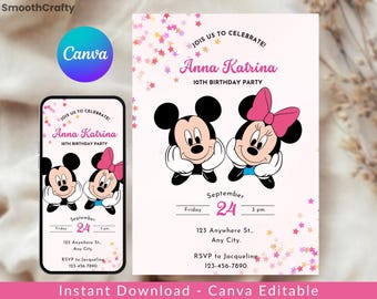 Invito elettronico modificabile per il compleanno di Topolino, invito per una festa Canva