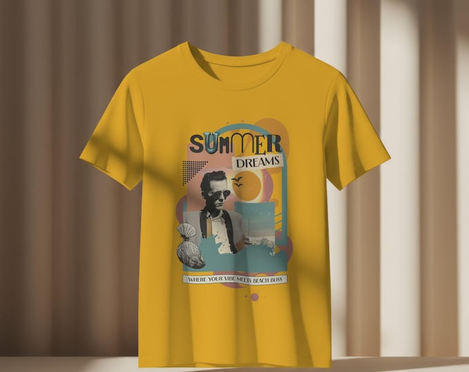 Unisex Graphic Tee, Summer Dreams Beach Vibes Shirt, Vintage Man Retro Cool Beach Scene, Terracotta Teal Mustard Yellow, Nostalgic Artistic,