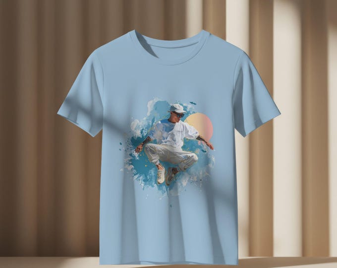 Jumping Male Figure Unisex Tee - Modern Watercolor T-shirt, Dynamic Men's Graphic Top, Vibrant Unisex Shirt, Colorful Jumping Man Tee, Cool