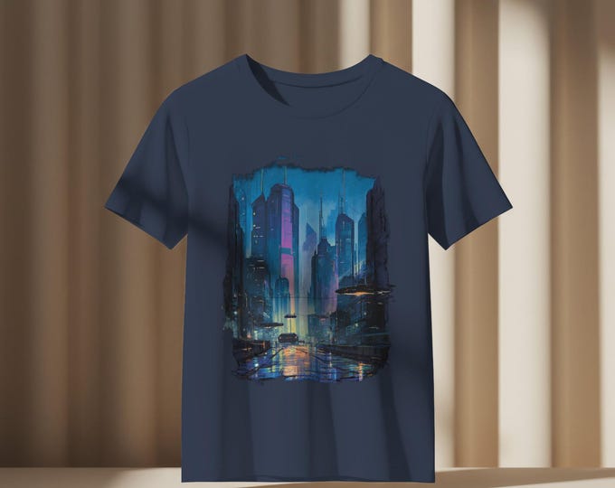 Cyberpunk Cityscape Unisex Tee, Futuristic Anime Style Shirt for Urban Solitude Fans, Neon Lights Dusk Design, Contemporary Art Apparel,