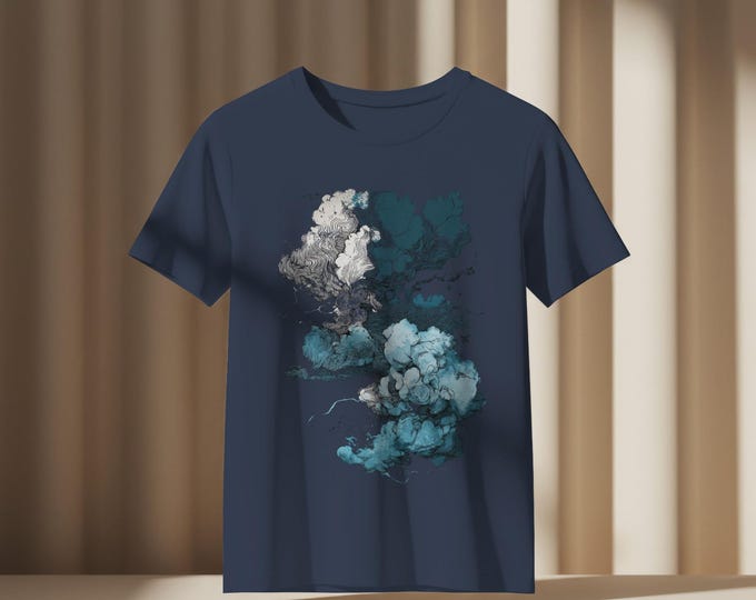 Cloudscape Tee, Dreamy Abstract Lines Shirt, Minimalist Blue and White T-Shirt, Unisex Heavy Cotton Tee, Symbolic Spontaneous Vibe