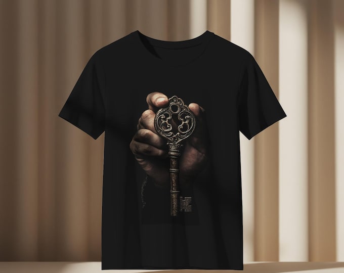 Antique Skeleton Key Unisex T-Shirt, Vintage Key Graphic Tee, Intriguing Handheld Key Shirt, Mysterious Key Design Top, Unisex Softstyle Tee