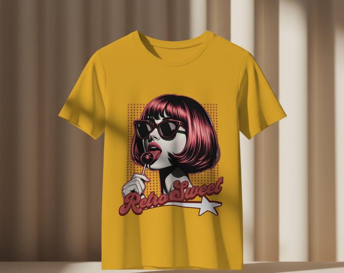 Pop Art Retro Sweet Woman Unisex Tee, Pop Culture Shirt, Red Lollipop Graphic Tee, Vintage Comic Book T-Shirt, Cat Eye Sunglasses Top, 60s