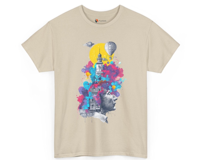 Fantasy Landscape Unisex Tee, Profile Illustration Art Shirt, Architectural Elements Tshirt, Whimsical Clouds Top, Dreamy Sun Tee, Hot Air
