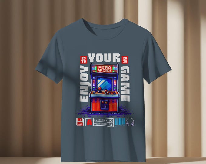 Retro Arcade Unisex Tee, Vintage Video Game Shirt, Pixel Art Gamer Top, Classic 8-Bit Console T-Shirt, Red Blue Graphic Gaming Apparel, Gift