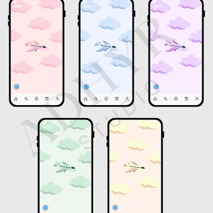 May include: Five smartphones displaying different pastel-colored backgrounds with clouds and airplanes. The screens show pink, blue, purple, green, and yellow skies, each with a cartoon airplane and white clouds.