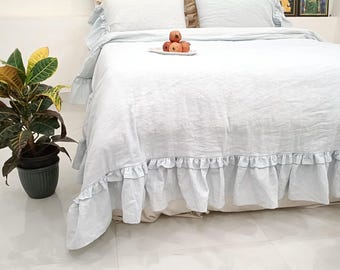 French flax Linen Double Ruffle Duvet Cover Set | Stone Washed Bedding with 2 Pillowcases | 100% Natural King Queen Twin Full Cal King size