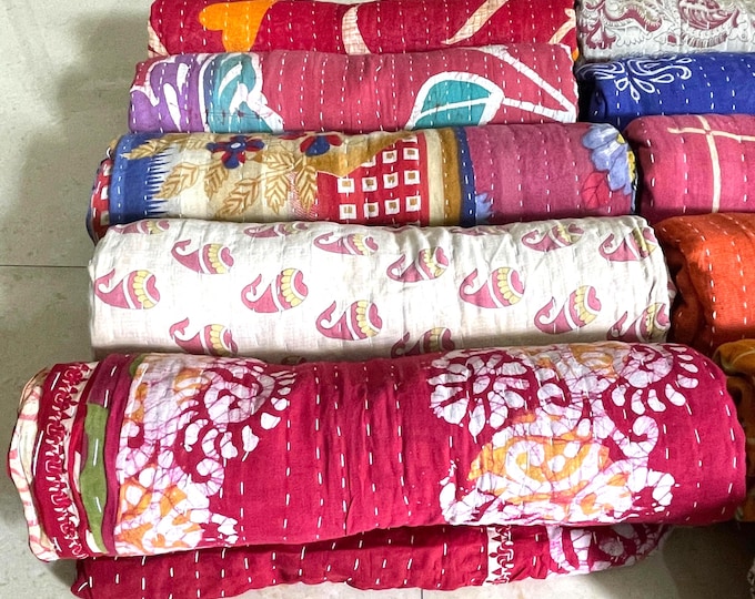 Featured listing image: New Handmade Vintage Kantha Quilts Reversible Cotton Throws & Blankets Boho Bedspread Indian Ralli Quilt Unique Bohemian Decor Wholesale Lot