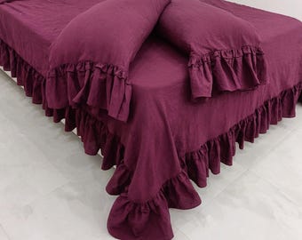 Ruffled linen DUVET COVER Set in burgundy | Washed Bedding with two Pillowcases Boho Natural Flax Soft linen King Queen Twin Full CalKing