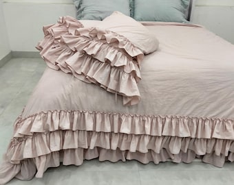 French flax Linen Ruffle Duvet Cover Set | Stone Washed Bedding with 2 Pillowcases | 100% Natural King Queen Twin Full Cal King size