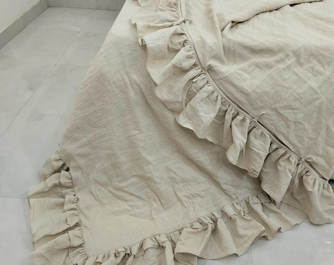 Featured listing image: Natural softened linen Duvet Cover Set in ruffles | Washed Bedding with two Pillowcases Boho Natural Flax Linen King Queen Twin Full CalKing