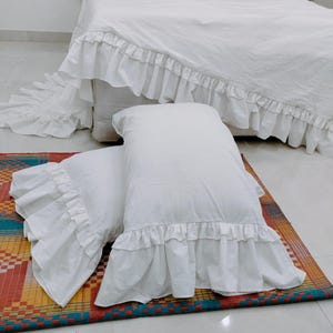 Linen Duvet Cover Set in Double Ruffle | French flax Stone Washed Bedding with 2 Pillowcases | 100% Natural King Queen Twin Full Cal King