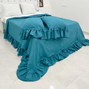 Linen French flax Double Ruffle Duvet Cover Set | Stone Washed Bedding with 2 Pillowcases | 100% Natural King Queen Twin Full Cal King