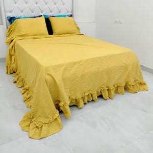 Duvet Cover Set in Moss Yellow linen Double Ruffled | Stone Washed Bedding with 2 Pillowcases | 100% Natural King Queen Twin Full Cal King