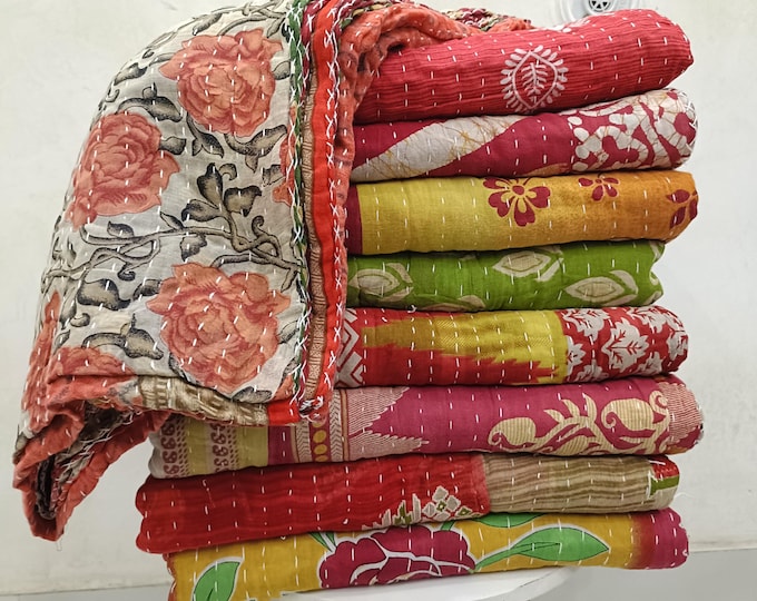 Featured listing image: Handmade Vintage Kantha Quilts Reversible Cotton Throws & Blankets Boho Bedspread Indian Ralli Quilt Unique Bohemian Decor Wholesale Lot