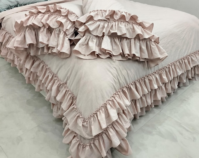 Featured listing image: Linen Duvet Cover Set with Ruffles | French flax Stone Washed Bedding with 2 Pillowcases | 100% Natural King Queen Twin Full Cal King size