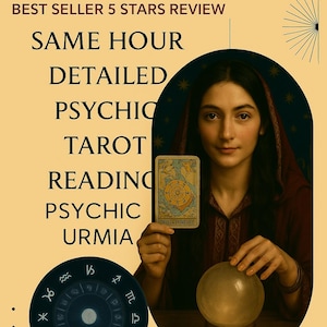 Puede incluir: Anuncio de lecturas psíquicas. Una mujer sostiene una carta del tarot y una bola de cristal. El texto incluye "Más vendido", "Lectura de tarot" y "Psíquico Urmia". También se muestra una rueda del zodiaco.