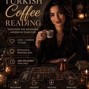 May include: An advertisement for Turkish Coffee Reading. A woman holds a small coffee cup, with tarot cards on the table. Text includes "Discover the messages hidden in your cup" and "Love, Career, Future". The image has a warm, inviting tone.